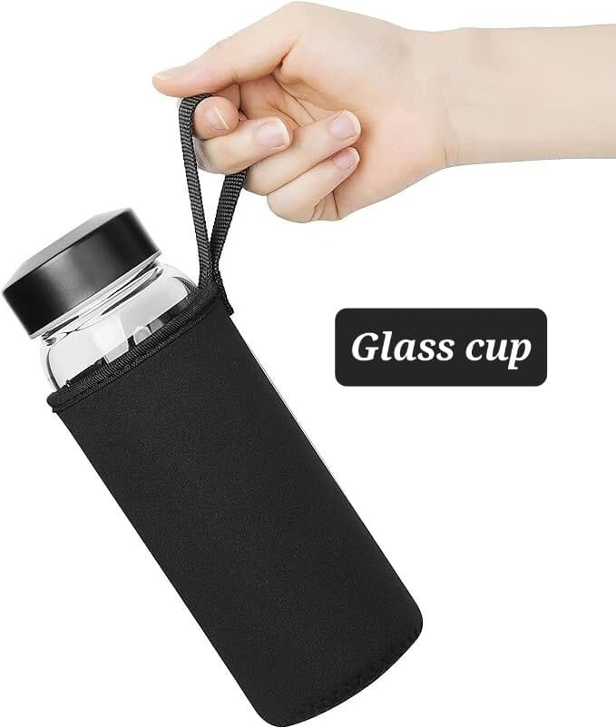Glass Cup Water Bottle with Neoprene Sleeve & Steel Filter | زجاجة مياه زجاجية مع غطاء نيوبرين ومصفاة ستانلس ستيل