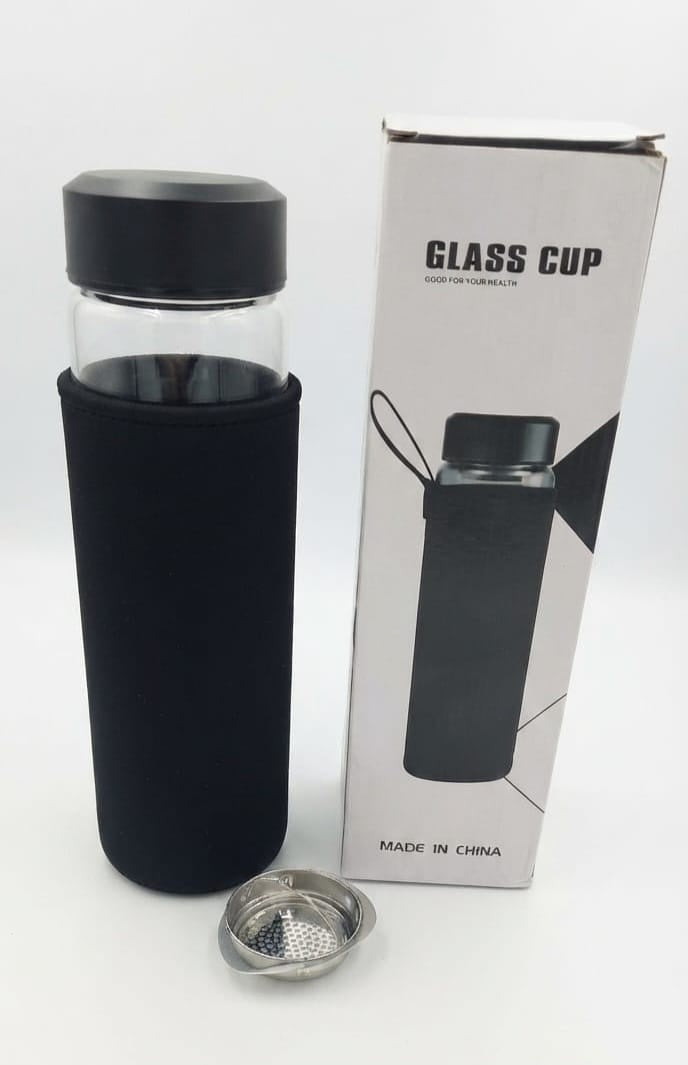 Glass Cup Water Bottle with Neoprene Sleeve & Steel Filter | زجاجة مياه زجاجية مع غطاء نيوبرين ومصفاة ستانلس ستيل
