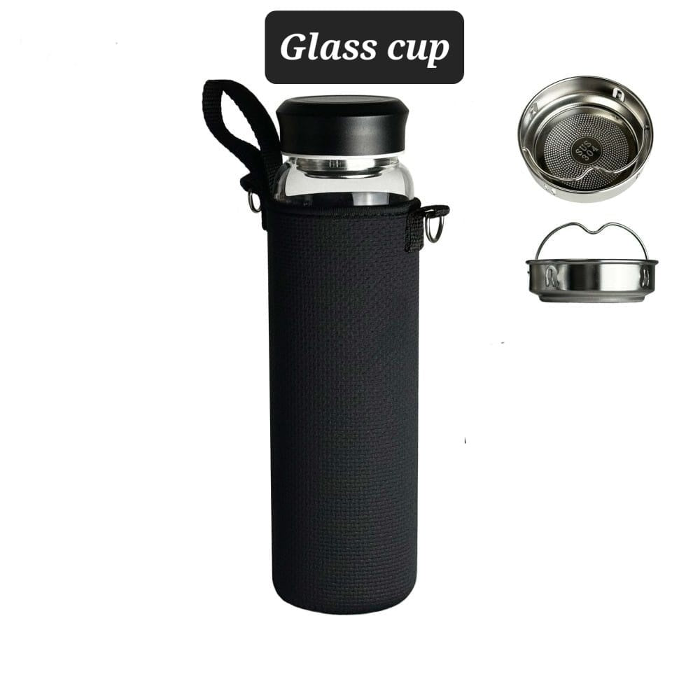 Glass Cup Water Bottle with Neoprene Sleeve & Steel Filter | زجاجة مياه زجاجية مع غطاء نيوبرين ومصفاة ستانلس ستيل