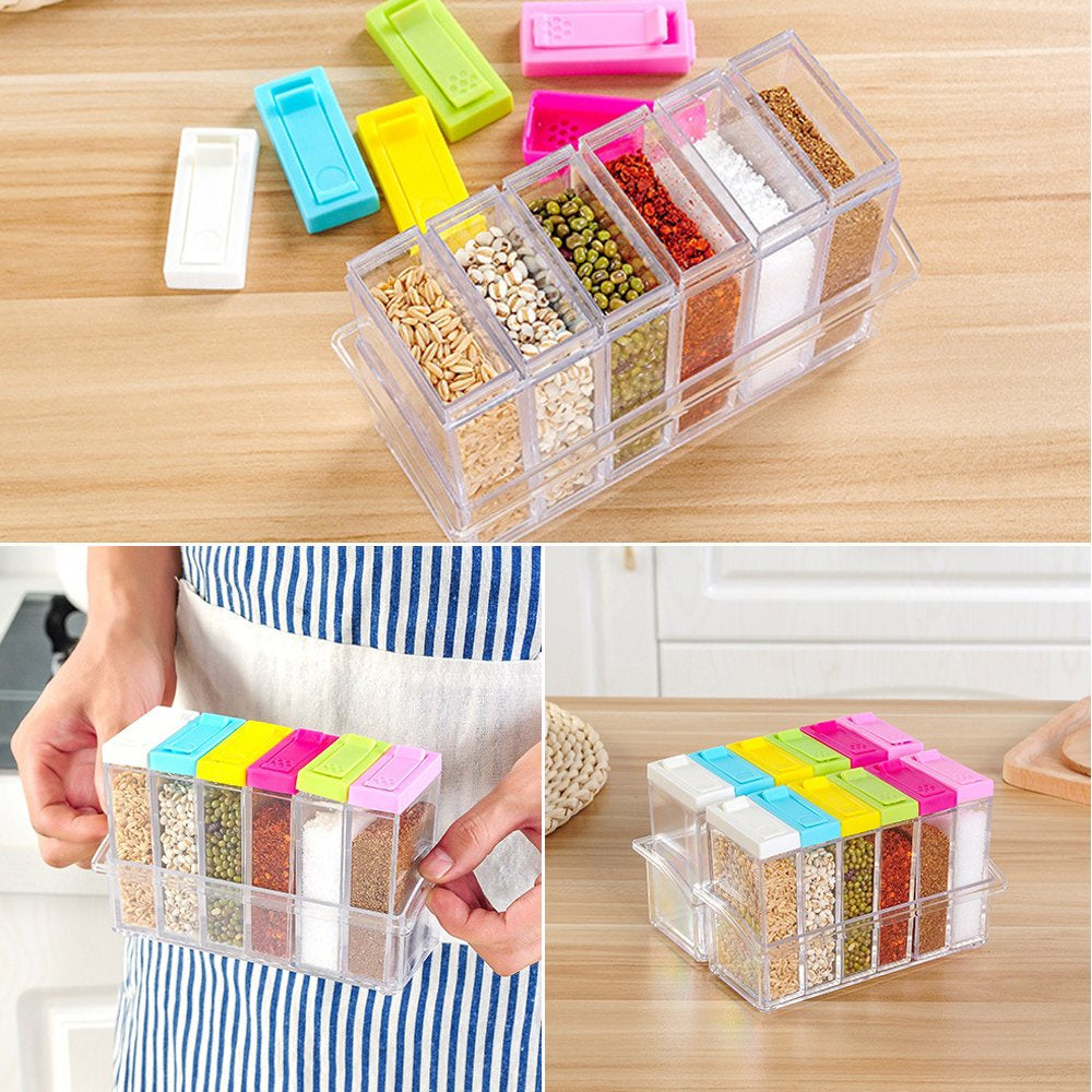 Spice Storage Box Set | طقم علب تخزين البهارات الشفافة بأغطية ملونة للمطبخ