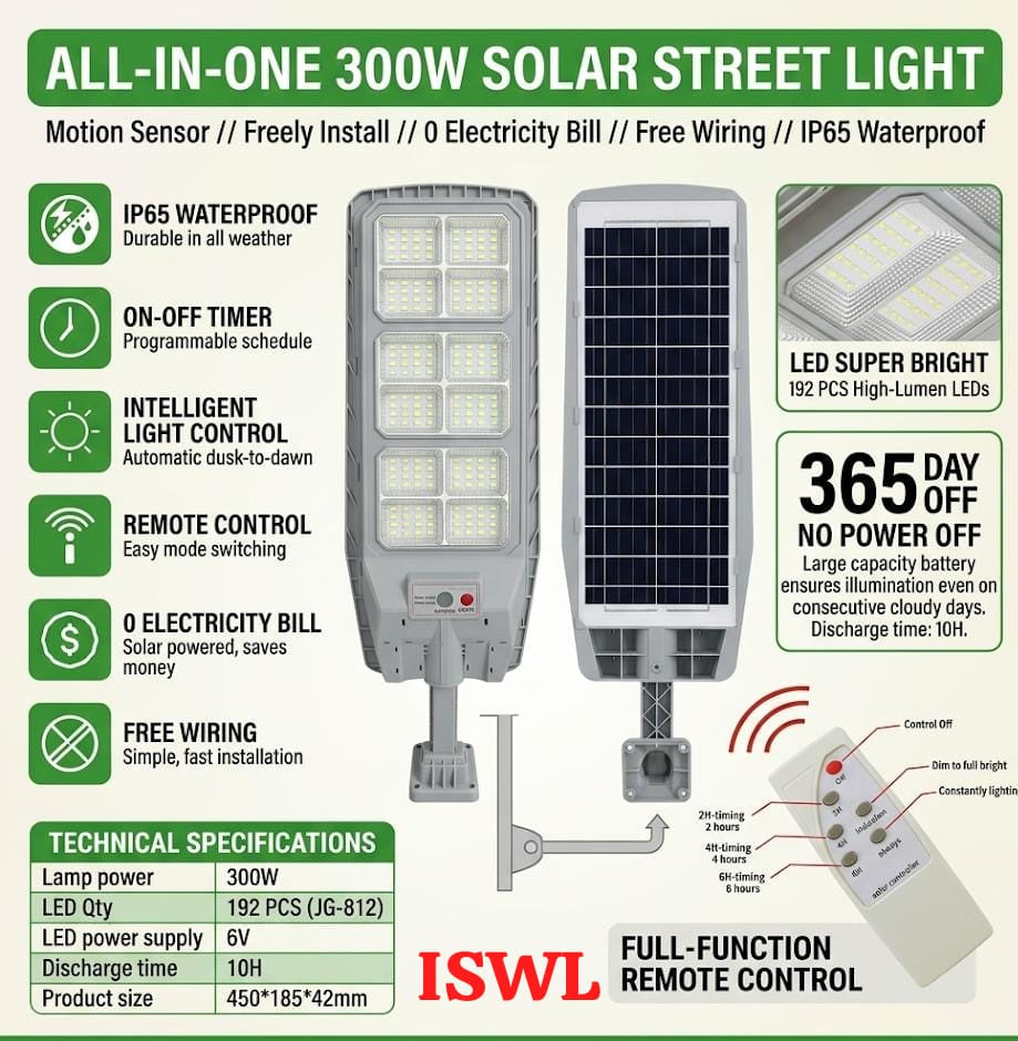 ISWL All-in-One Solar Street Light IP65 with Remote | كشاف شارع شمسي متكامل مع ريموت كنترول ومستشعر حركة