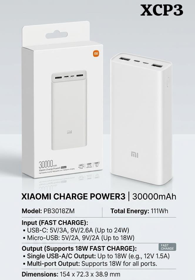 Xiaomi Charge Power3 Fast Charge Power Bank | باور بنك شاومي بشحن سريع وسعة كبيرة ومنافذ متعددة