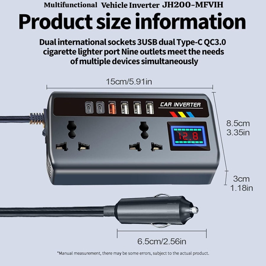 Multifunctional Car Inverter with USB & Type-C Ports | محول كهرباء السيارة متعدد المنافذ USB وType-C وQC
