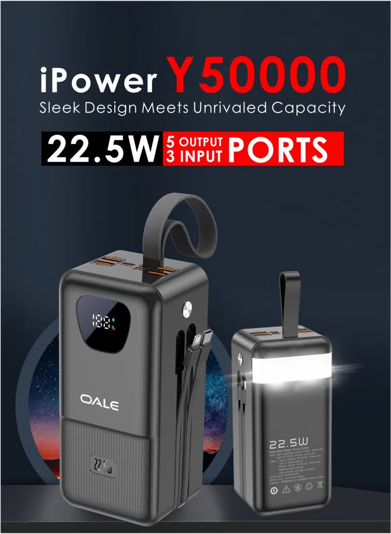 OALE iPower Y50000 Power Bank Fast Charge | باور بنك OALE بشحن سريع وكابلات مدمجة وشاشة LED