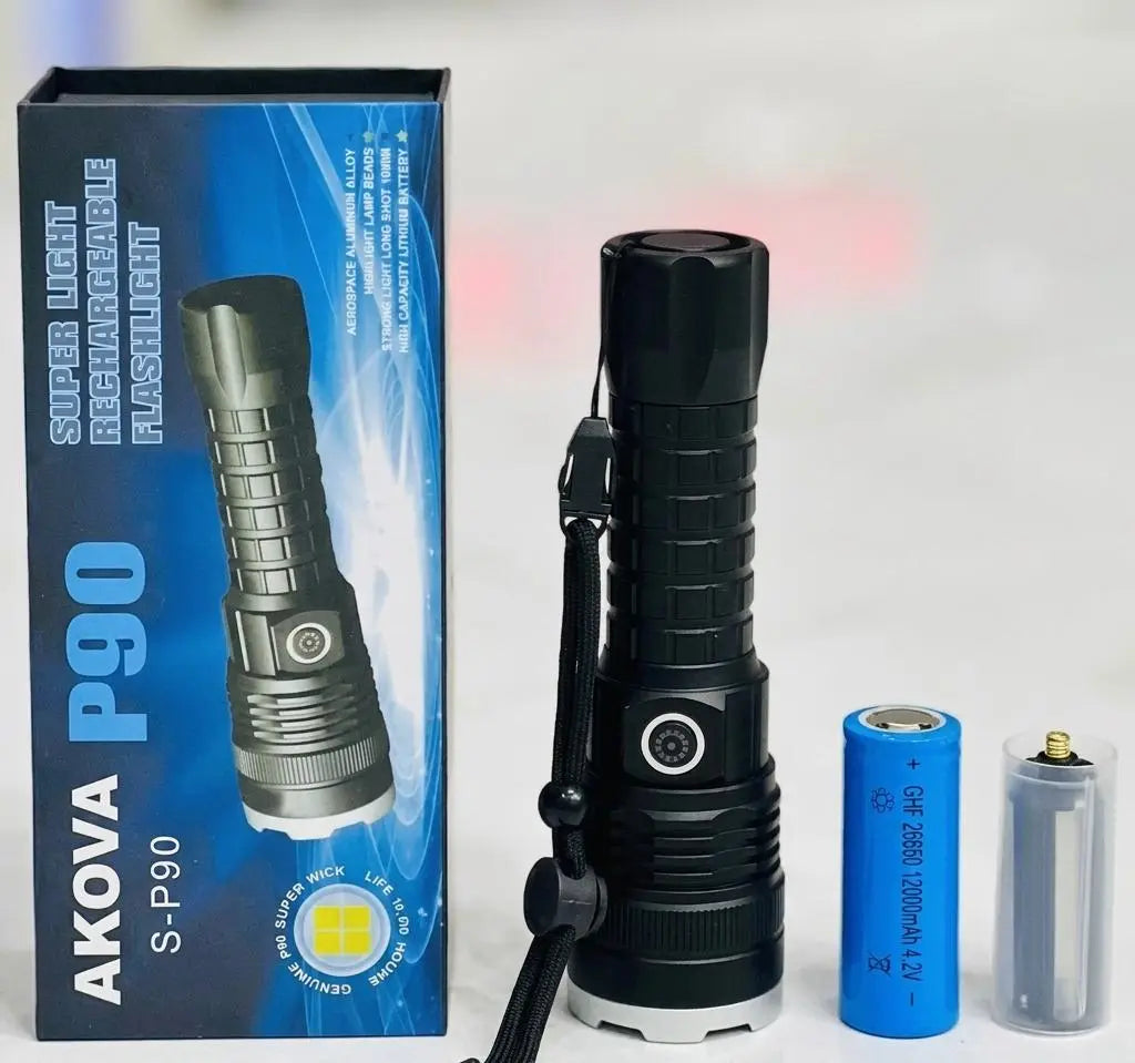AKOVA P90 Super Light Rechargeable Flashlight | مصباح يدوي AKOVA P90 قابل للشحن عالي السطوع مع بطارية