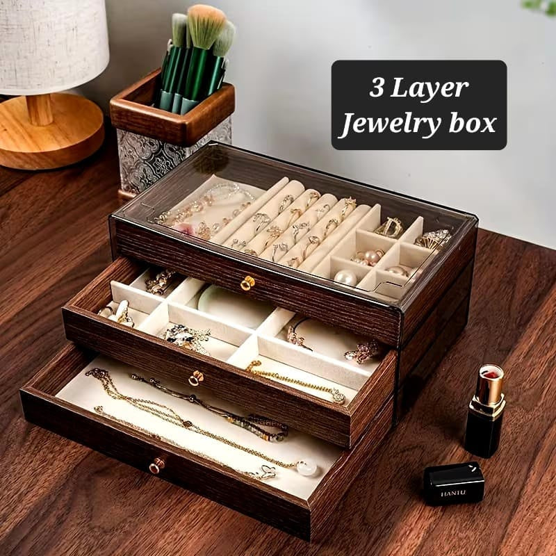 Wooden Jewelry Box with Glass Lid | صندوق مجوهرات خشبي ثلاثي الطوابق بغطاء زجاجي وأدراج منظمة