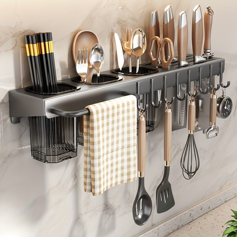 Wall-Mounted Kitchen Organizer Rack with Hooks | رف مطبخ معلق متعدد الوظائف بخطافات وحامل أدوات وسكاكين
