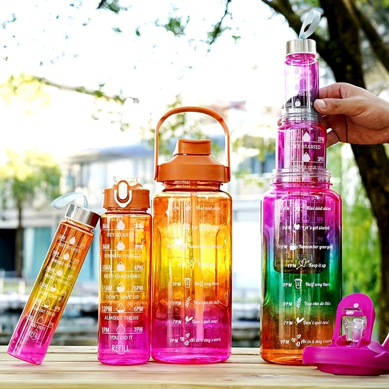 Motivational Water Bottle Set with Time Markers | طقم زجاجات مياه تحفيزية بمؤشرات وقت وألوان متدرجة