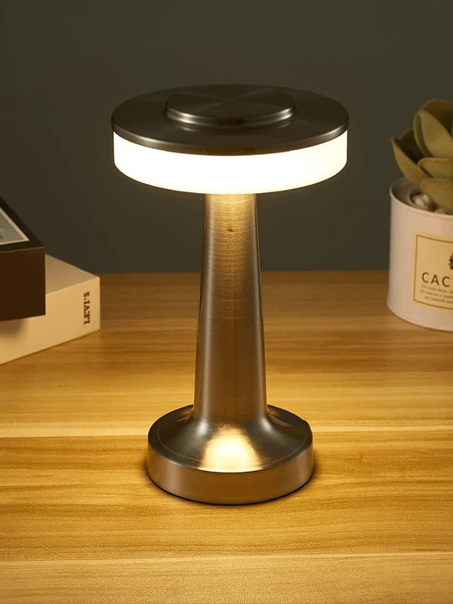 Touch LED Table Lamp USB Rechargeable Tri-Color | مصباح طاولة لمسي قابل للشحن USB بثلاثة ألوان وتصميم فضي أنيق