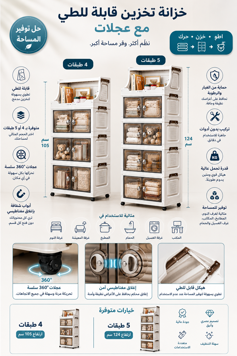 Foldable Storage Cabinet with Wheels (4 & 5 Tiers) | خزانة تخزين قابلة للطي بعجلات (4 و5 طبقات)