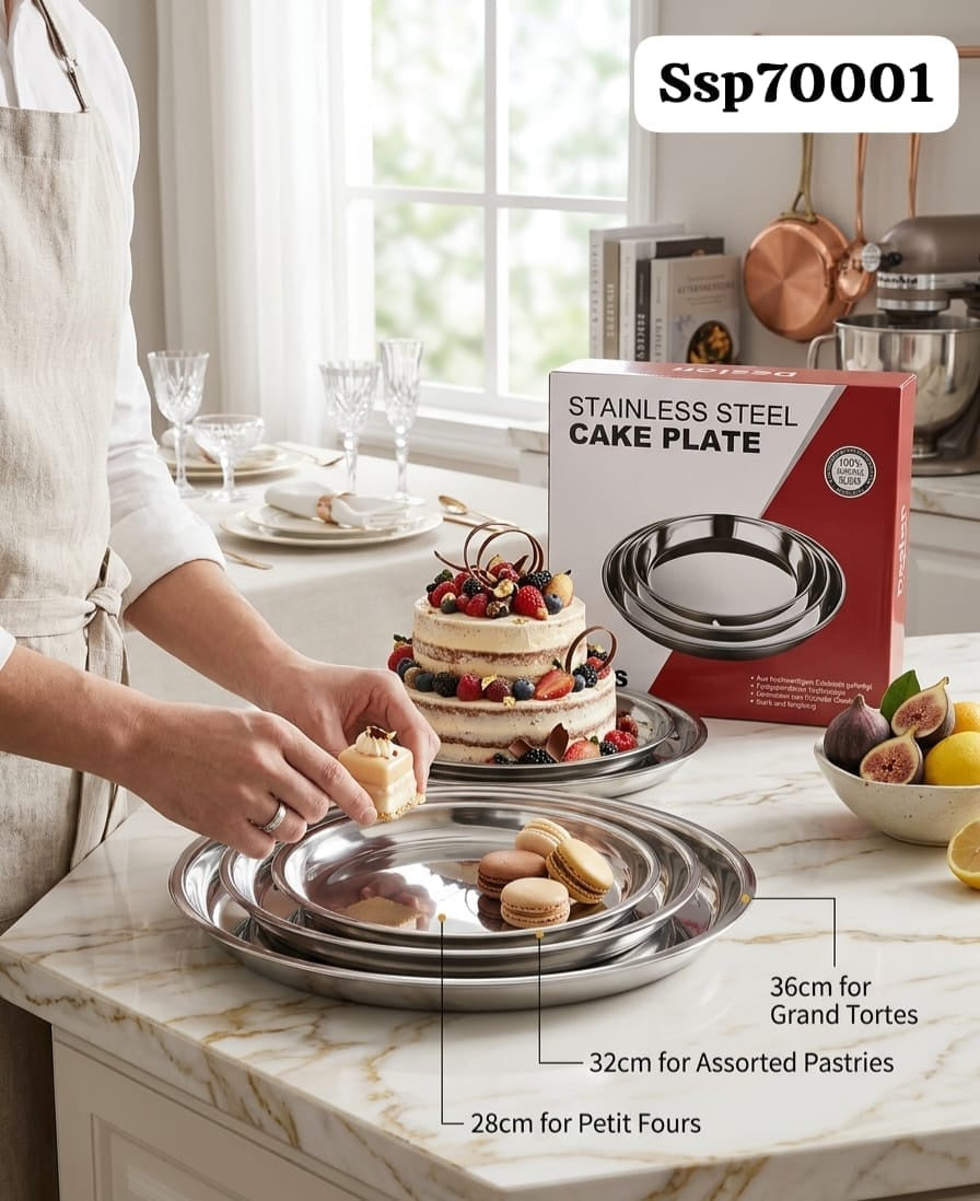 Stainless Steel Cake Plate Set | طقم أطباق تقديم الكيك والحلويات من الستانلس ستيل