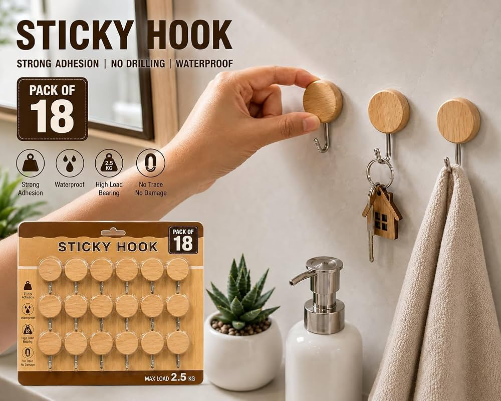 Wooden Bamboo Sticky Wall Hooks | علاقات حائط خشبية لاصقة بدون حفر