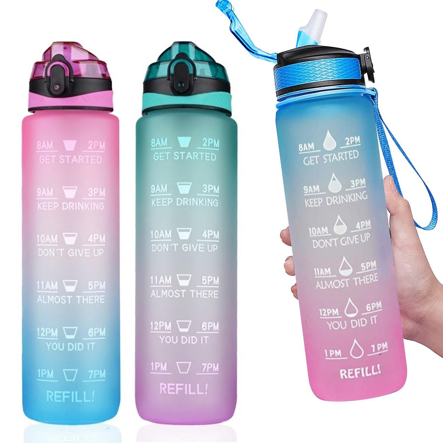 Motivational Water Bottle | زجاجة مياه رياضية بعلامات تحفيزية وحزام حمل