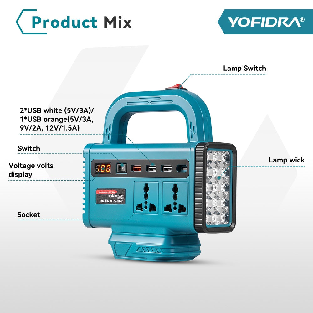 YOFIDRA Portable Power Inverter | محول طاقة محمول مع إضاءة ومنافذ شحن