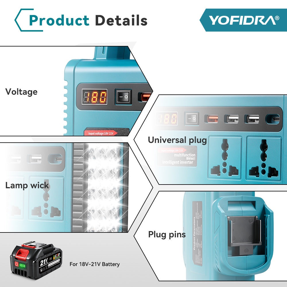 YOFIDRA Portable Power Inverter | محول طاقة محمول مع إضاءة ومنافذ شحن