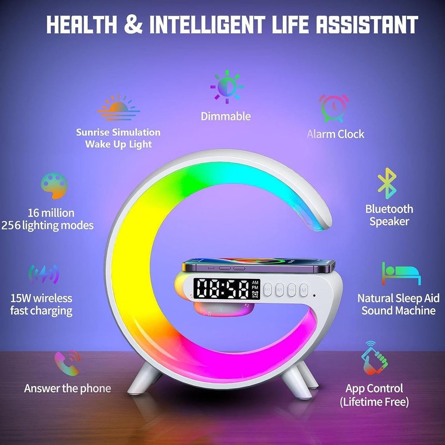 Dechoga G-Shape Night Light Speaker | مصباح ليلي LED مع شاحن لاسلكي وسماعة بلوتوث